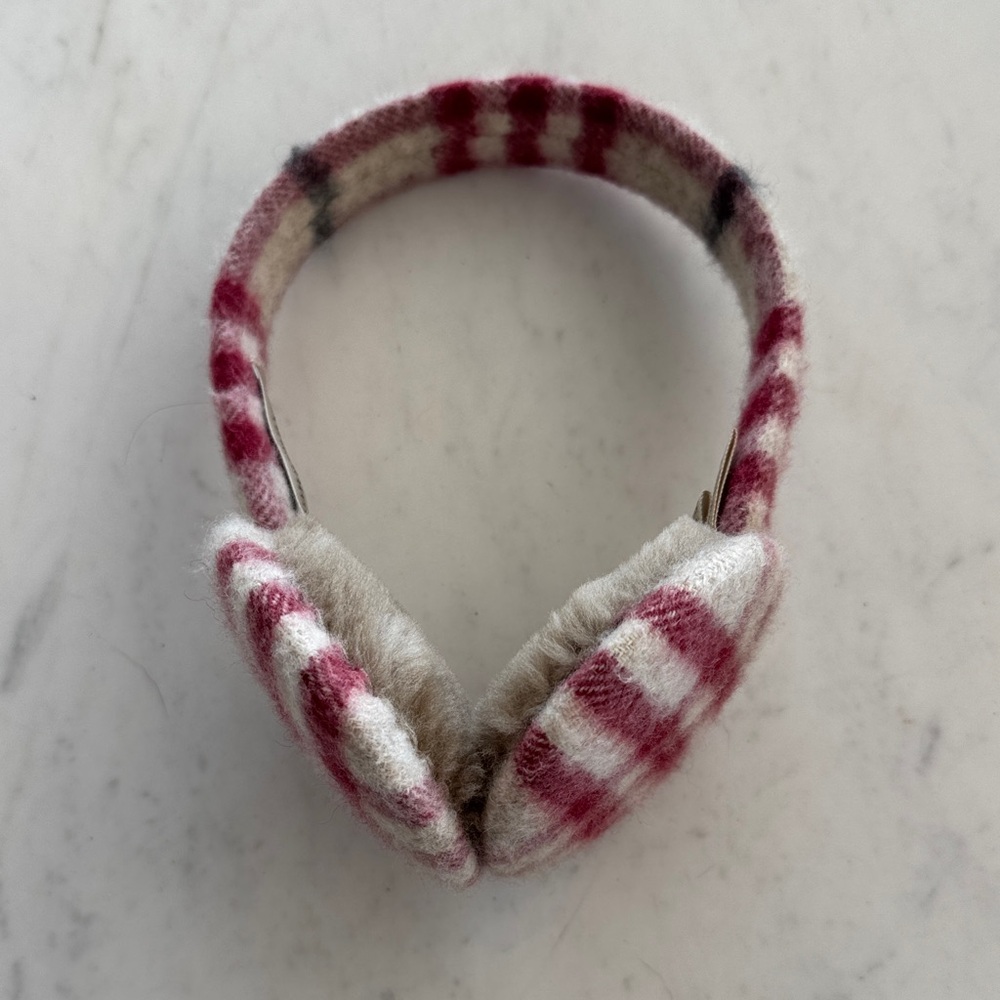 Burberry Plaid Fuzzy Ear Muffs in Cream and Berry